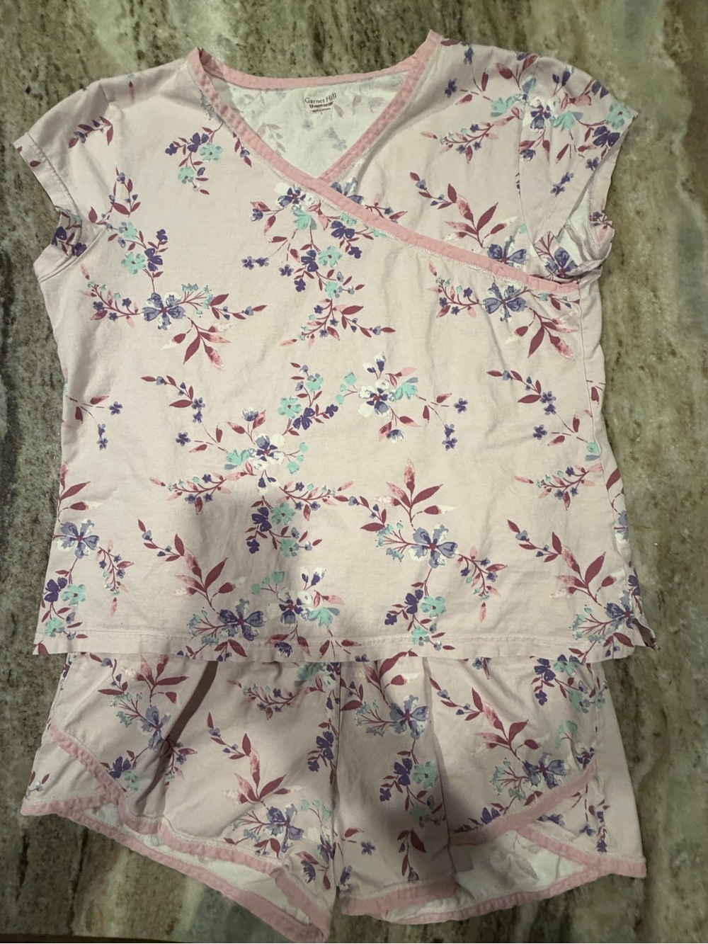 Garnet Hill Asian Wrap Organic Cotton PJ Set. L.  Pink & Purple Floral Sleepwear